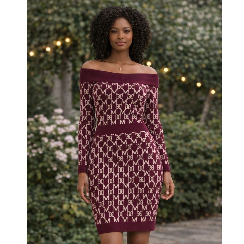 Marciano Guess Angelina Off Shoulder Monogram Dress Burgundy Size 4 bodycon